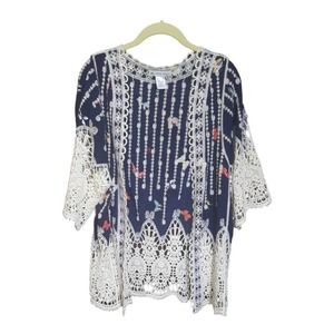 London Kaye Womens Crochet Butterfly Blue Cream Kimono Size OS
